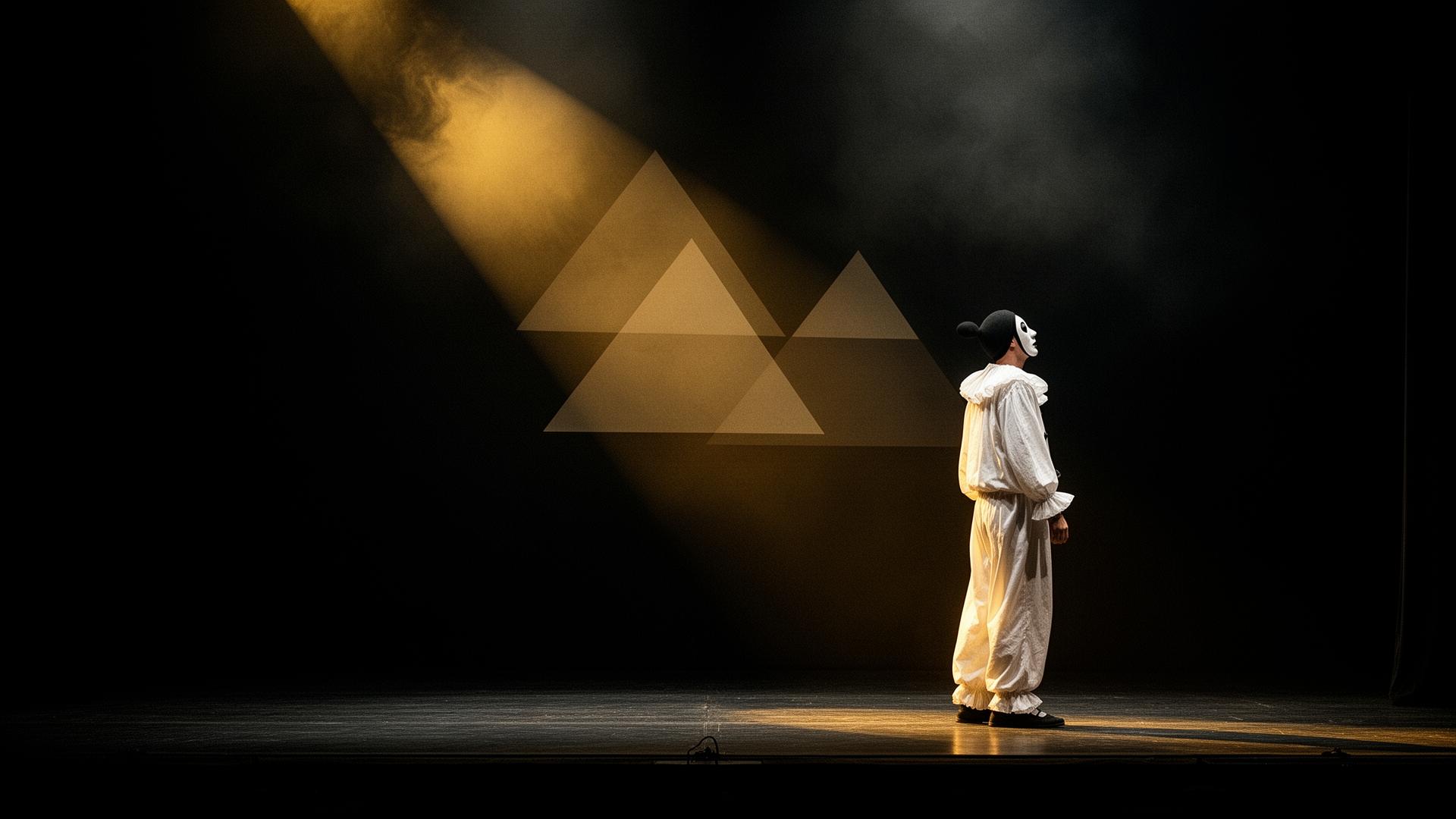 A lone Pierrot figure on an empty stage, a shaft of gold light fractured into overlapping triangles